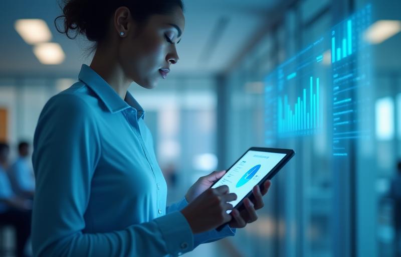 Modern business person looking at payment analytics dashboard on a tablet