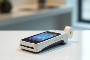 Modern wireless card payment terminal on a counter