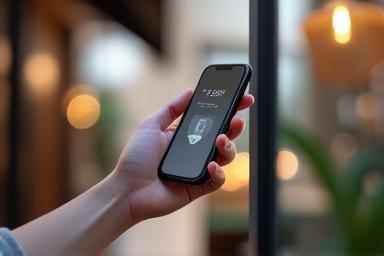 Hand holding a smartphone using a payment app